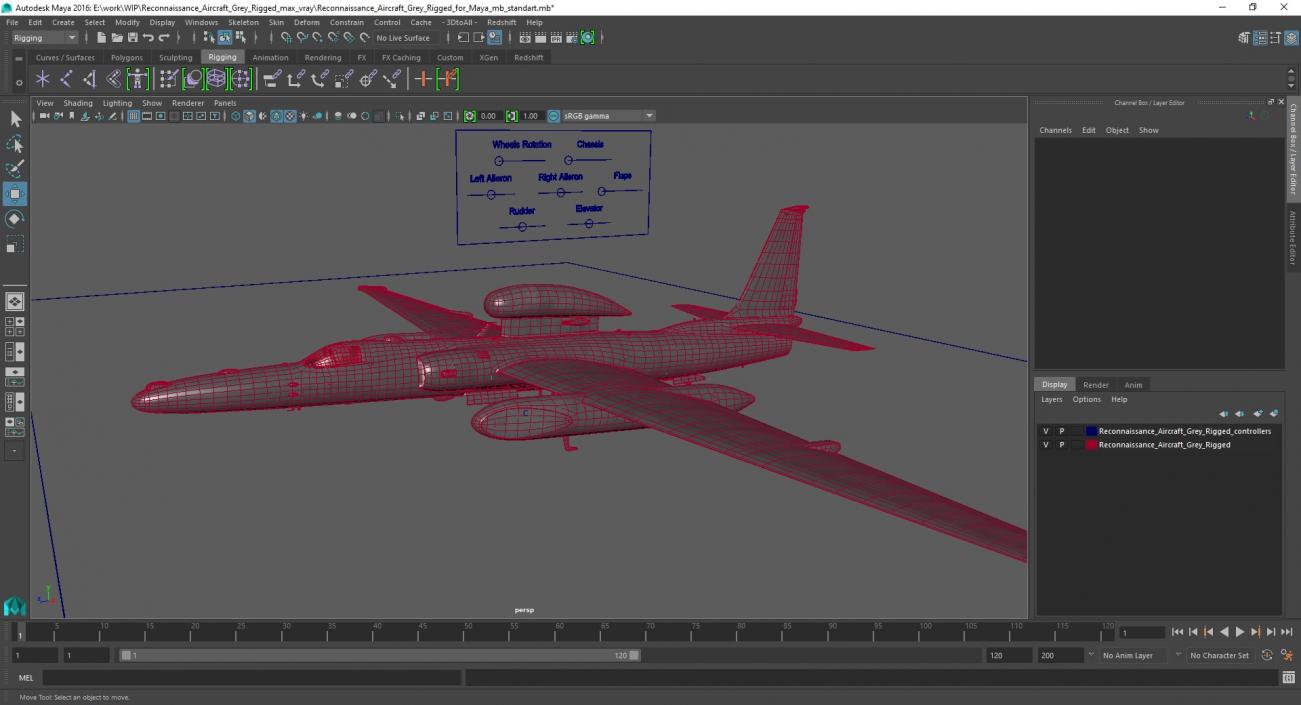 Reconnaissance Aircraft Grey Rigged for Maya 3D model