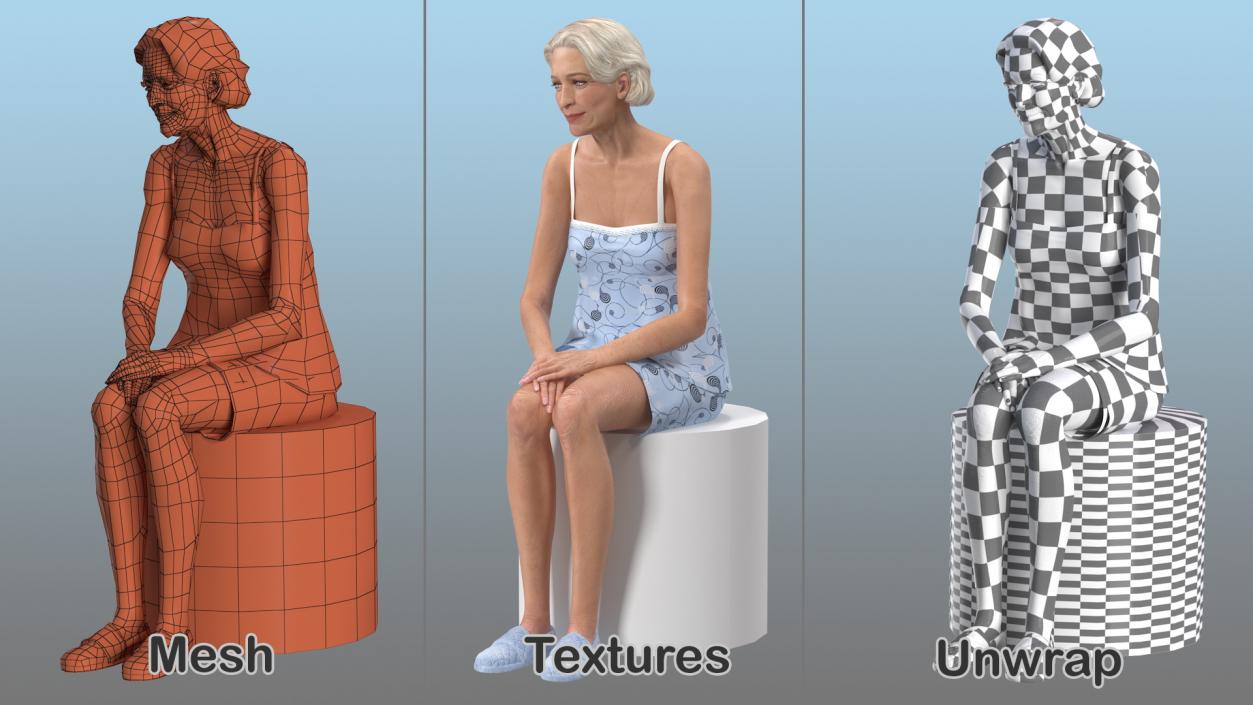 3D Elderly Woman in Sleepwear Siting Pose model