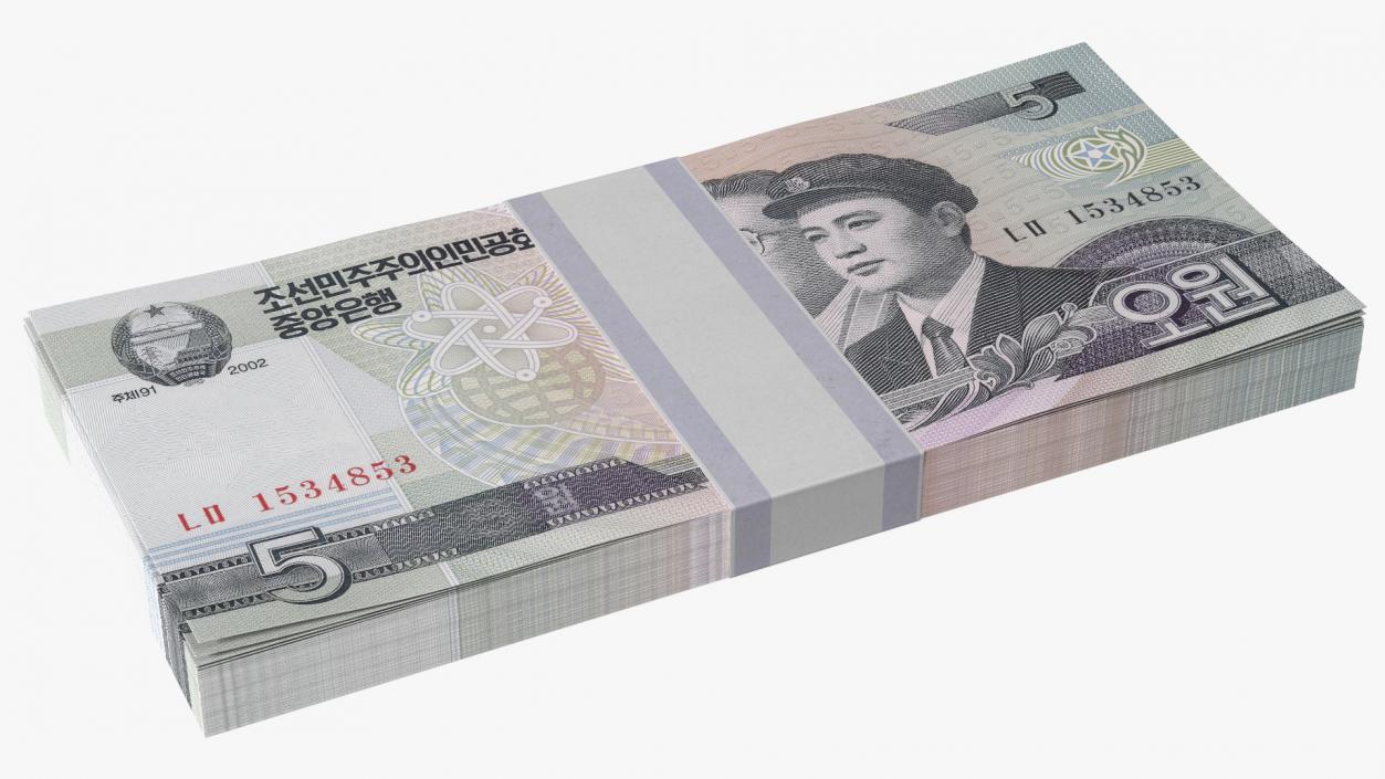 North Korea 5 Won Banknotes Bundle 3D model