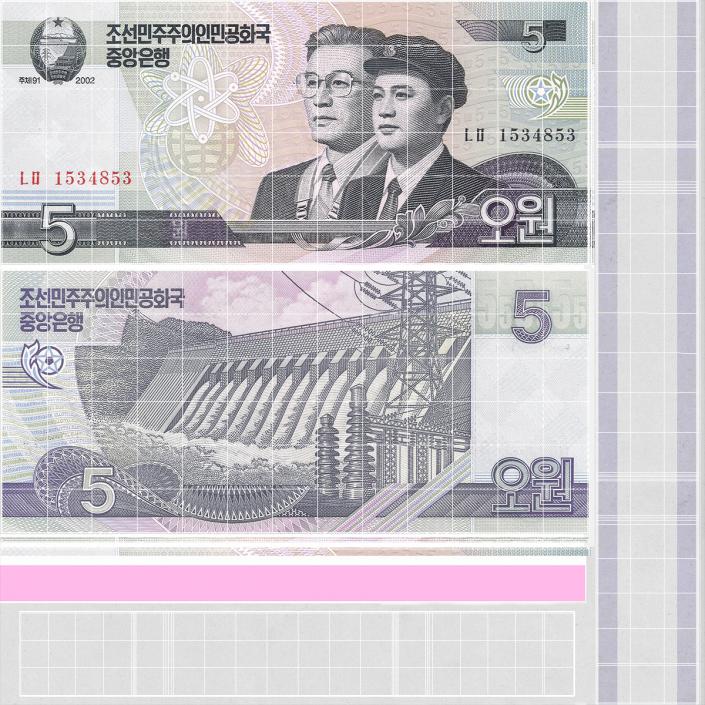 North Korea 5 Won Banknotes Bundle 3D model