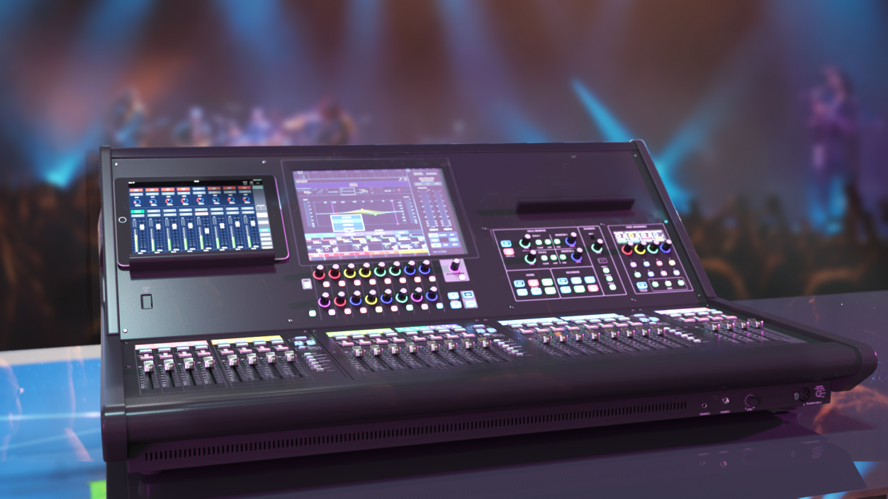 3D Live Mixing Console Grey Lights On 2