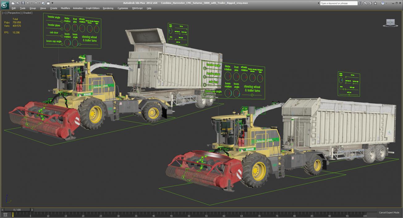 Combine Harvester CMC Saturne 5800 with Trailer Rigged 3D model