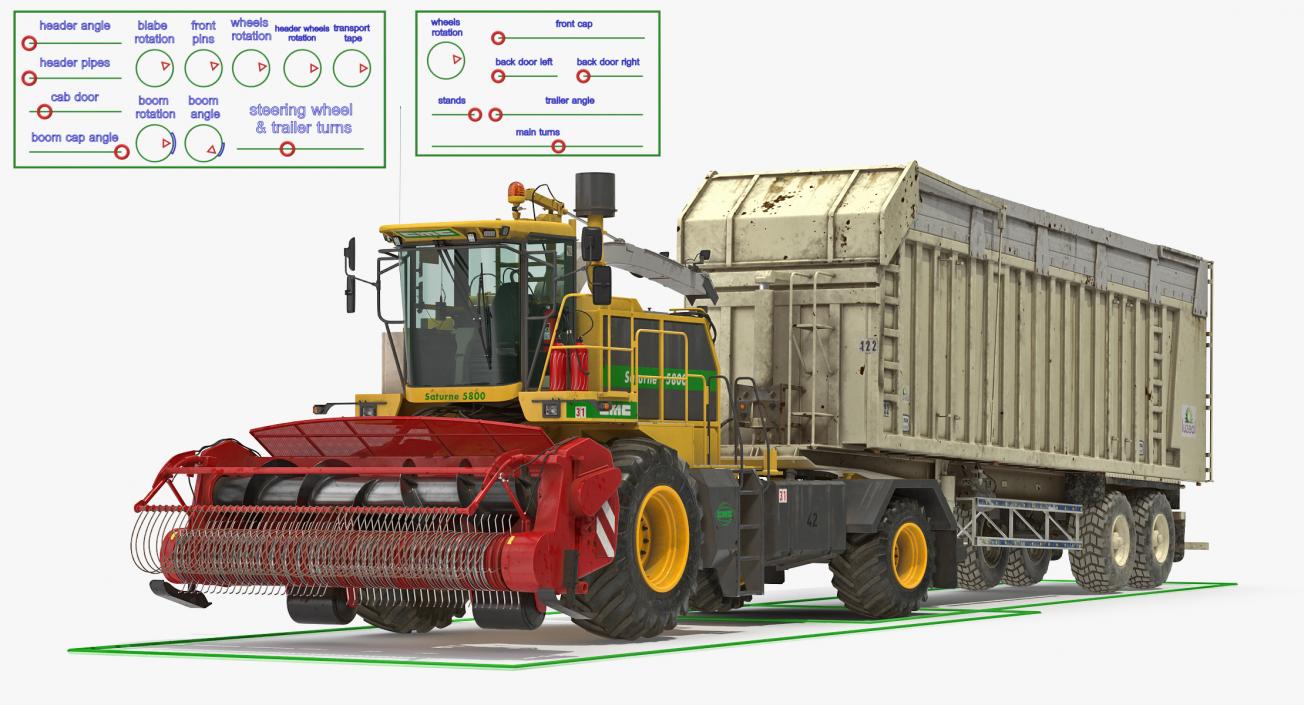 Combine Harvester CMC Saturne 5800 with Trailer Rigged 3D model