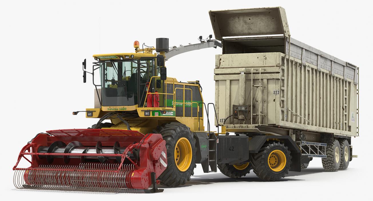 Combine Harvester CMC Saturne 5800 with Trailer Rigged 3D model