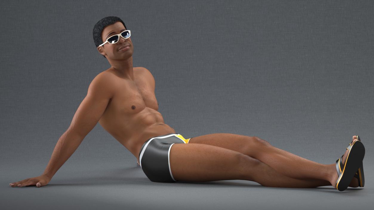 3D Light Skin Black Man in Swimwear Lying Pose model