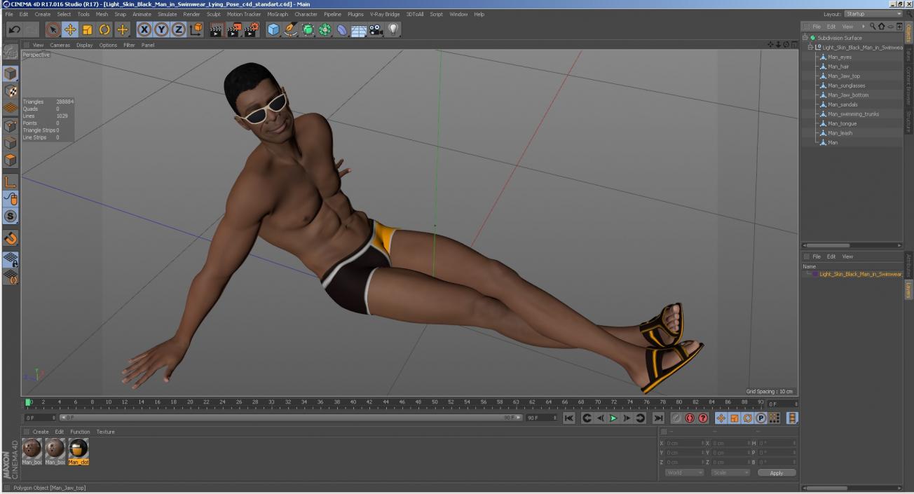 3D Light Skin Black Man in Swimwear Lying Pose model