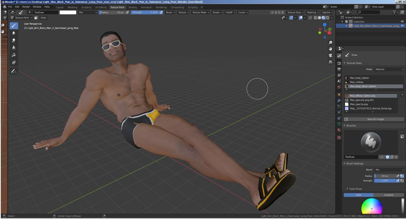 3D Light Skin Black Man in Swimwear Lying Pose model