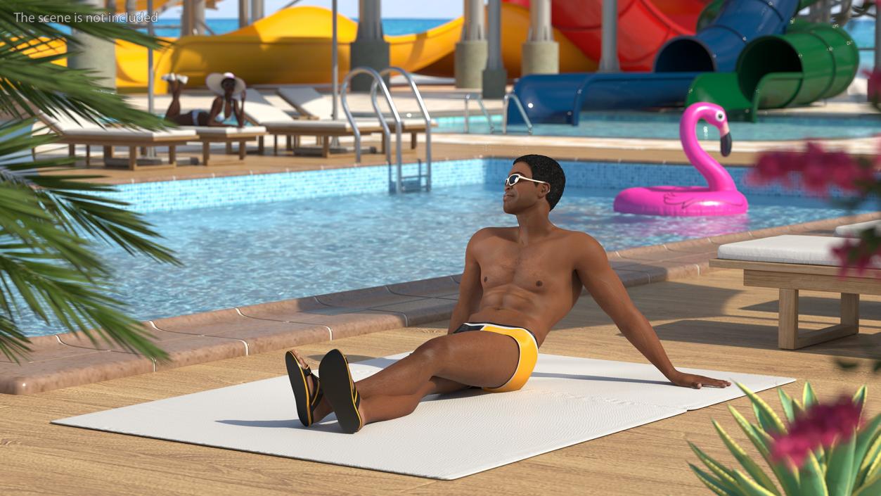 3D Light Skin Black Man in Swimwear Lying Pose model