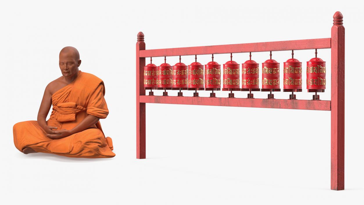 3D Buddhist Monk with Prayer Wheels Collection model