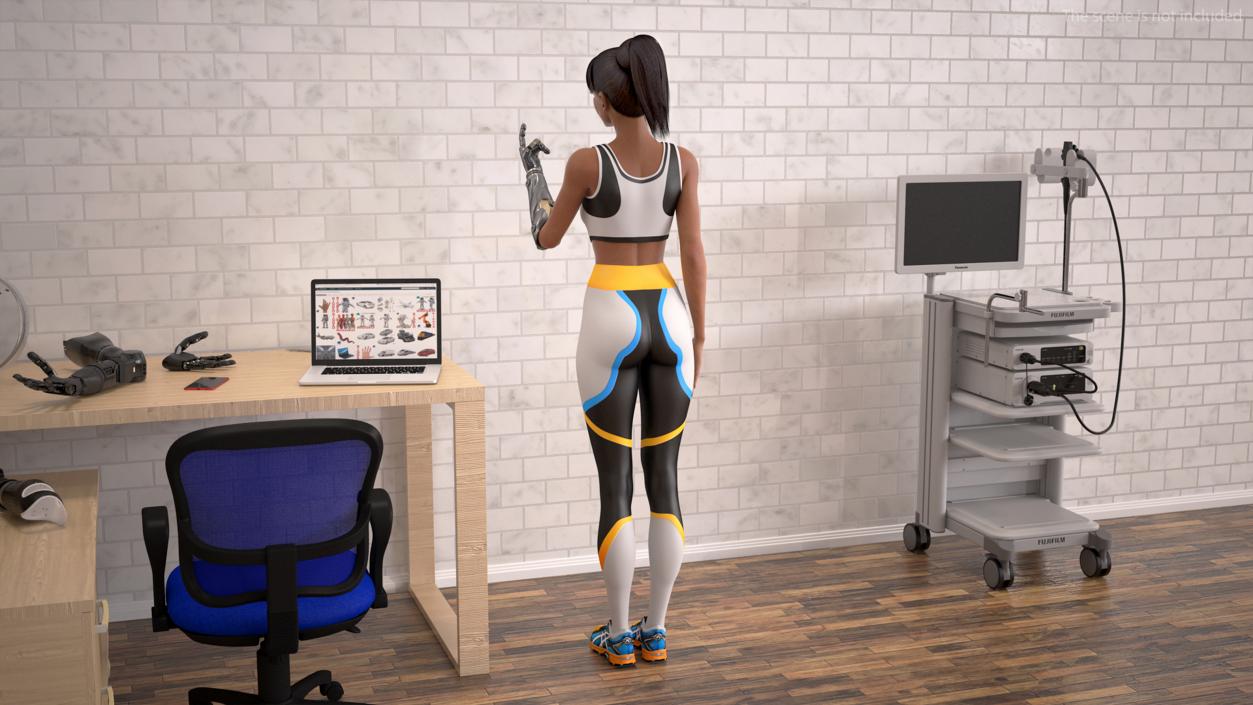 3D Athletic Woman with Futuristic Bionic Arm Rock Pose