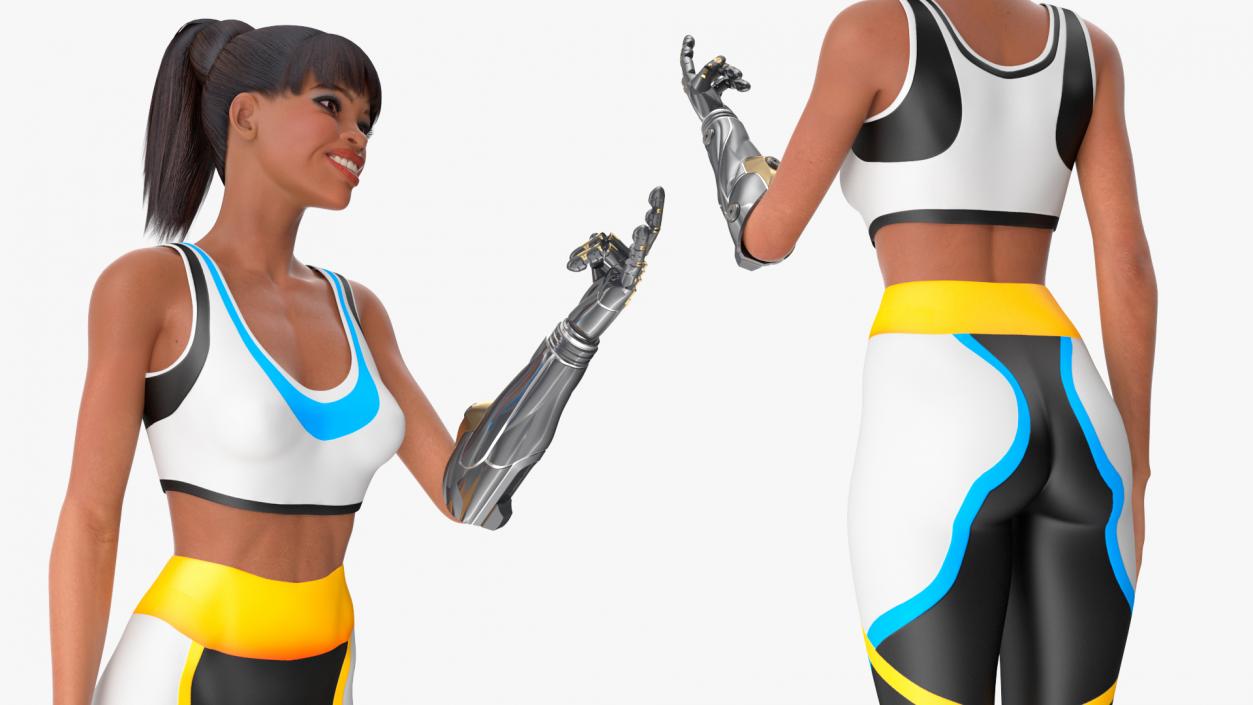 3D Athletic Woman with Futuristic Bionic Arm Rock Pose