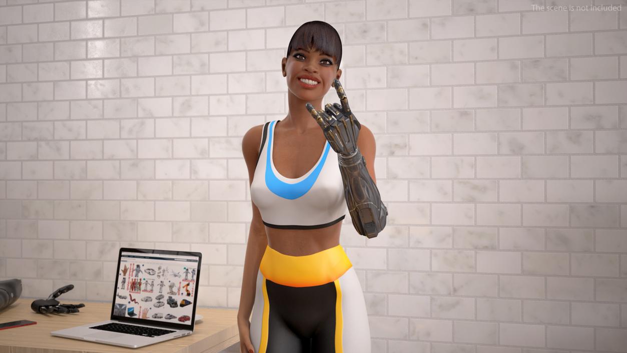 3D Athletic Woman with Futuristic Bionic Arm Rock Pose