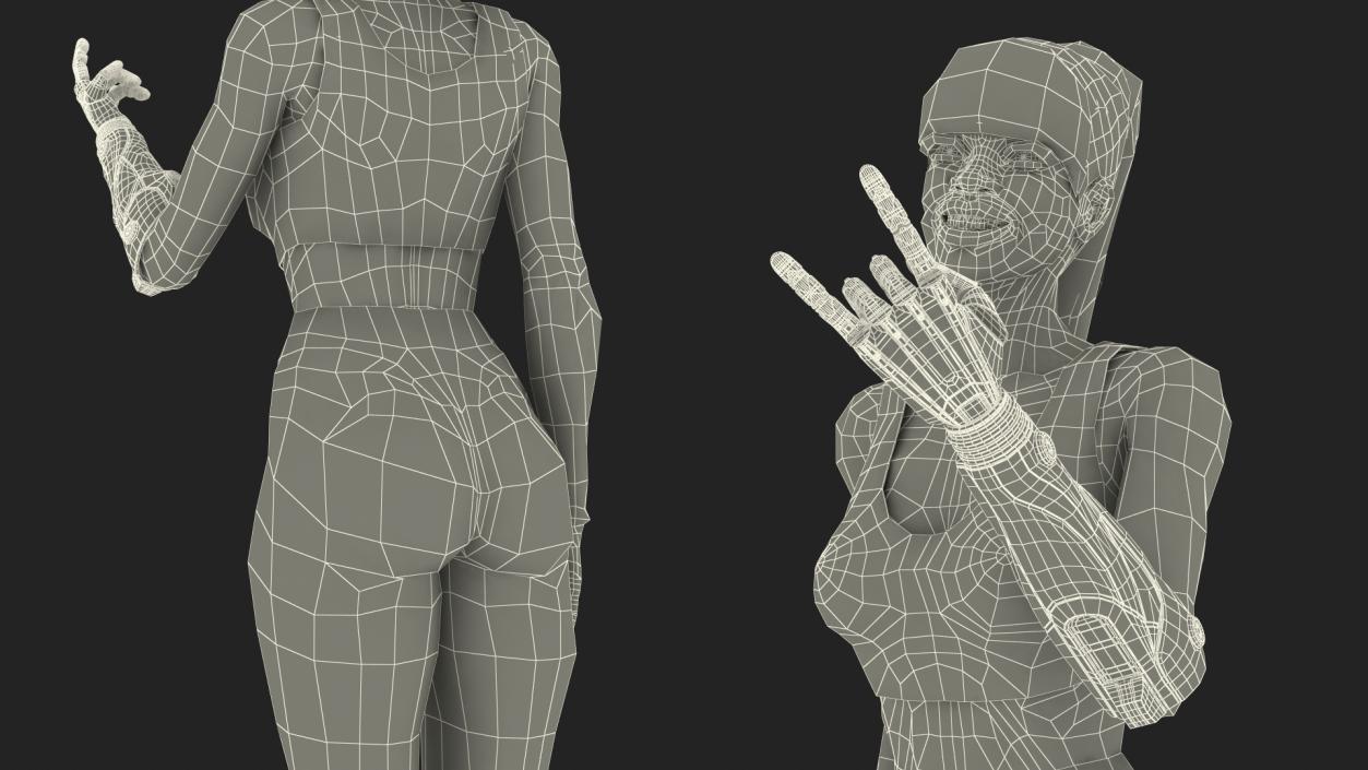 3D Athletic Woman with Futuristic Bionic Arm Rock Pose