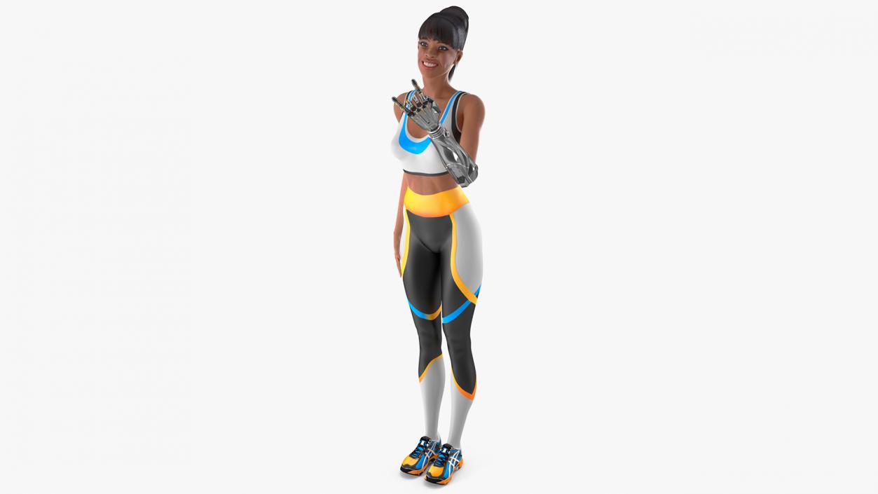 3D Athletic Woman with Futuristic Bionic Arm Rock Pose