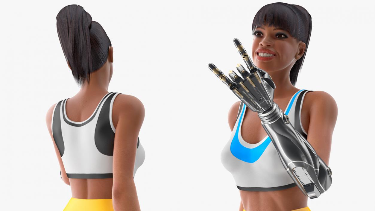 3D Athletic Woman with Futuristic Bionic Arm Rock Pose