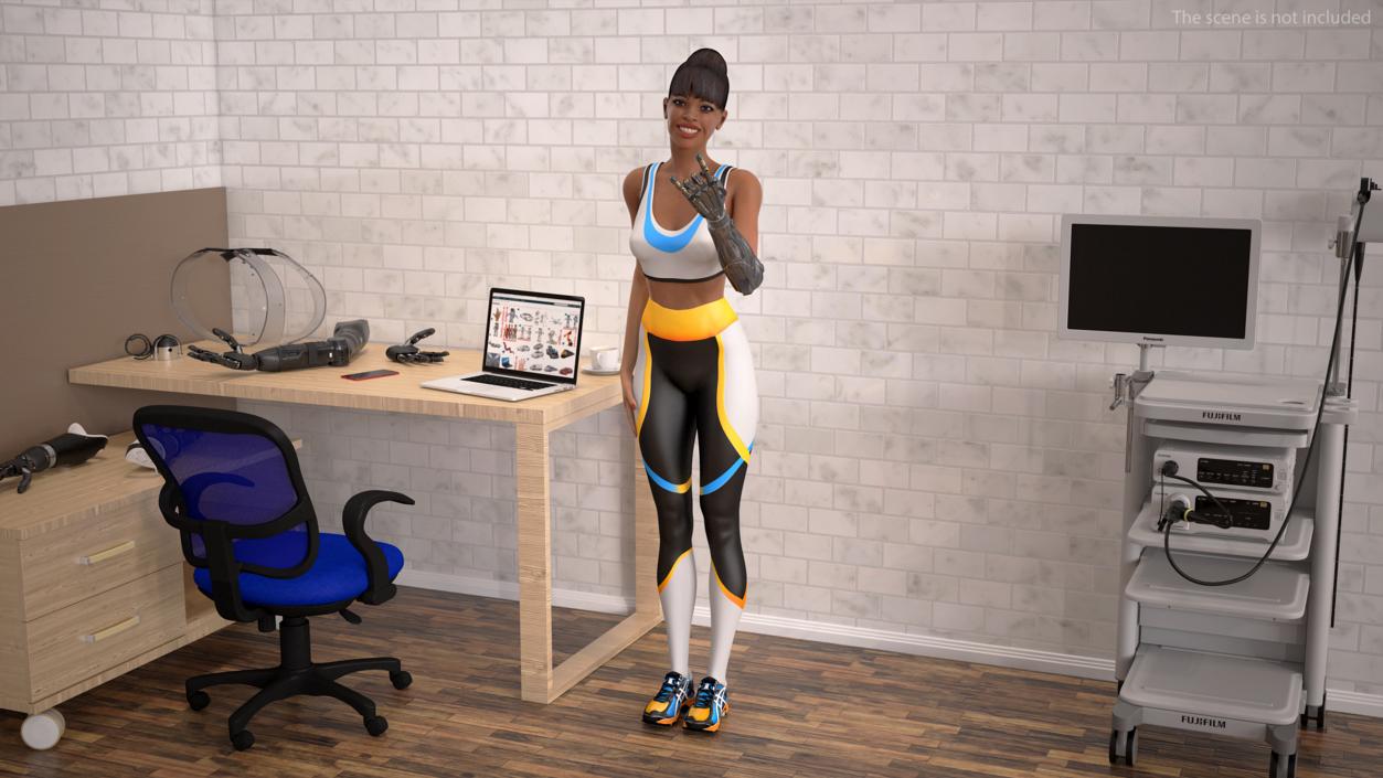 3D Athletic Woman with Futuristic Bionic Arm Rock Pose