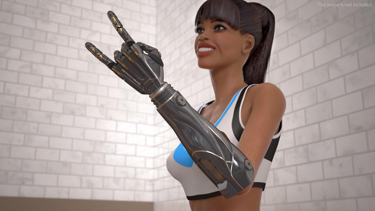 3D Athletic Woman with Futuristic Bionic Arm Rock Pose