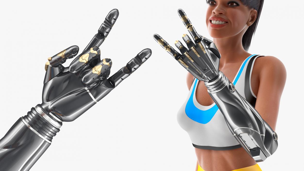 3D Athletic Woman with Futuristic Bionic Arm Rock Pose