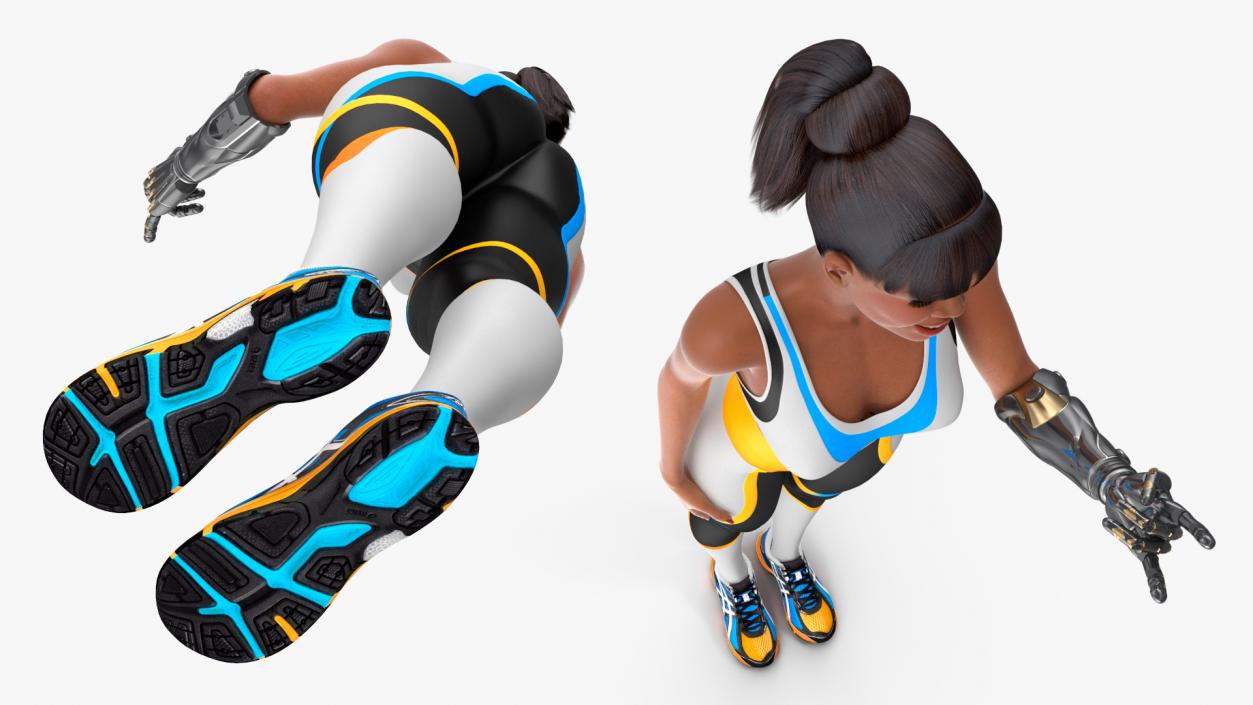 3D Athletic Woman with Futuristic Bionic Arm Rock Pose