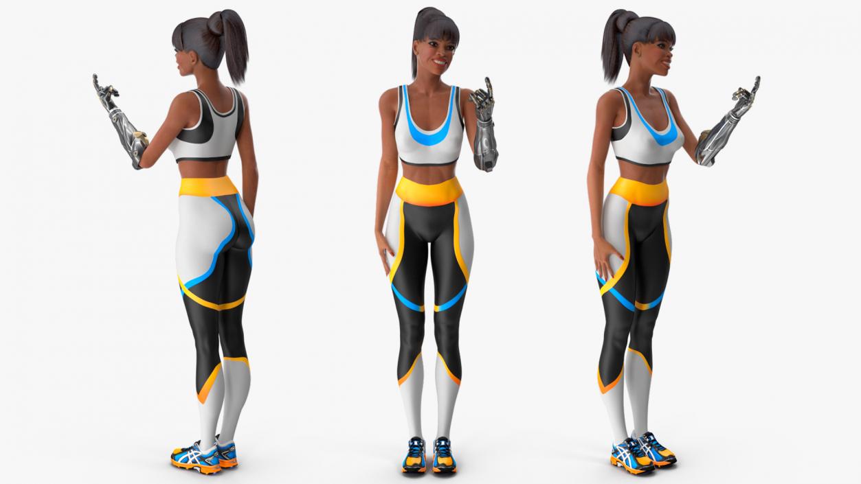 3D Athletic Woman with Futuristic Bionic Arm Rock Pose