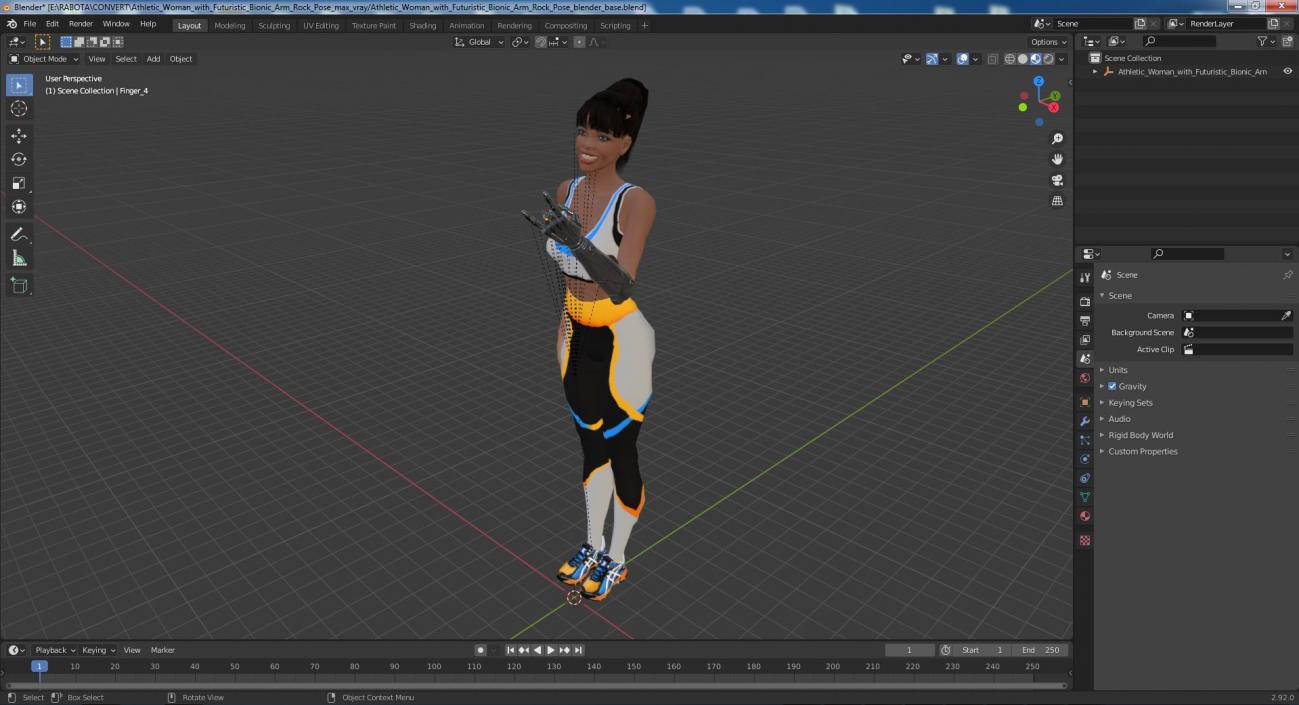 3D Athletic Woman with Futuristic Bionic Arm Rock Pose