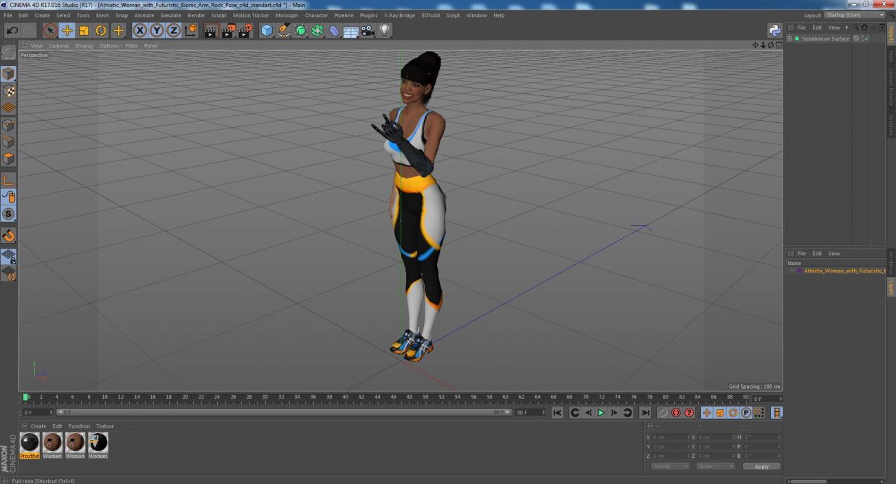 3D Athletic Woman with Futuristic Bionic Arm Rock Pose