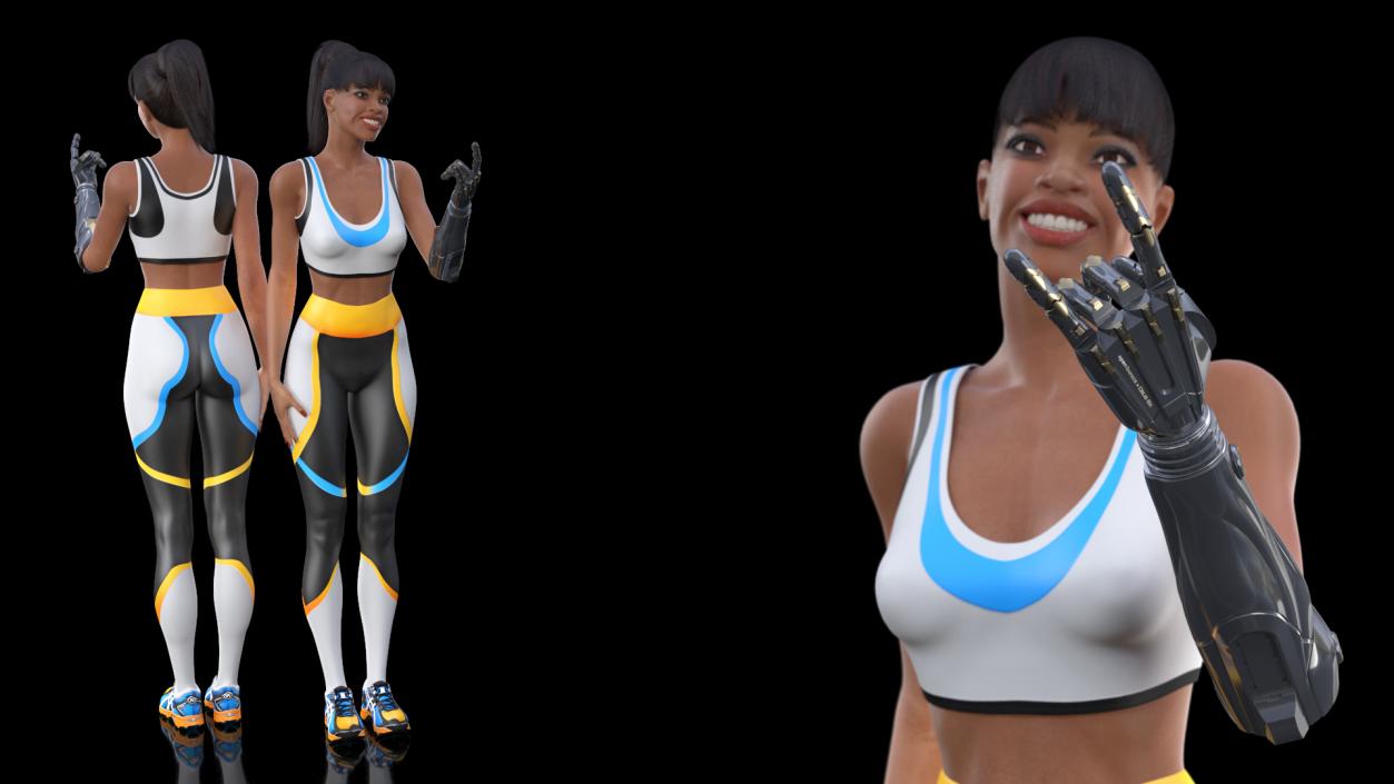 3D Athletic Woman with Futuristic Bionic Arm Rock Pose