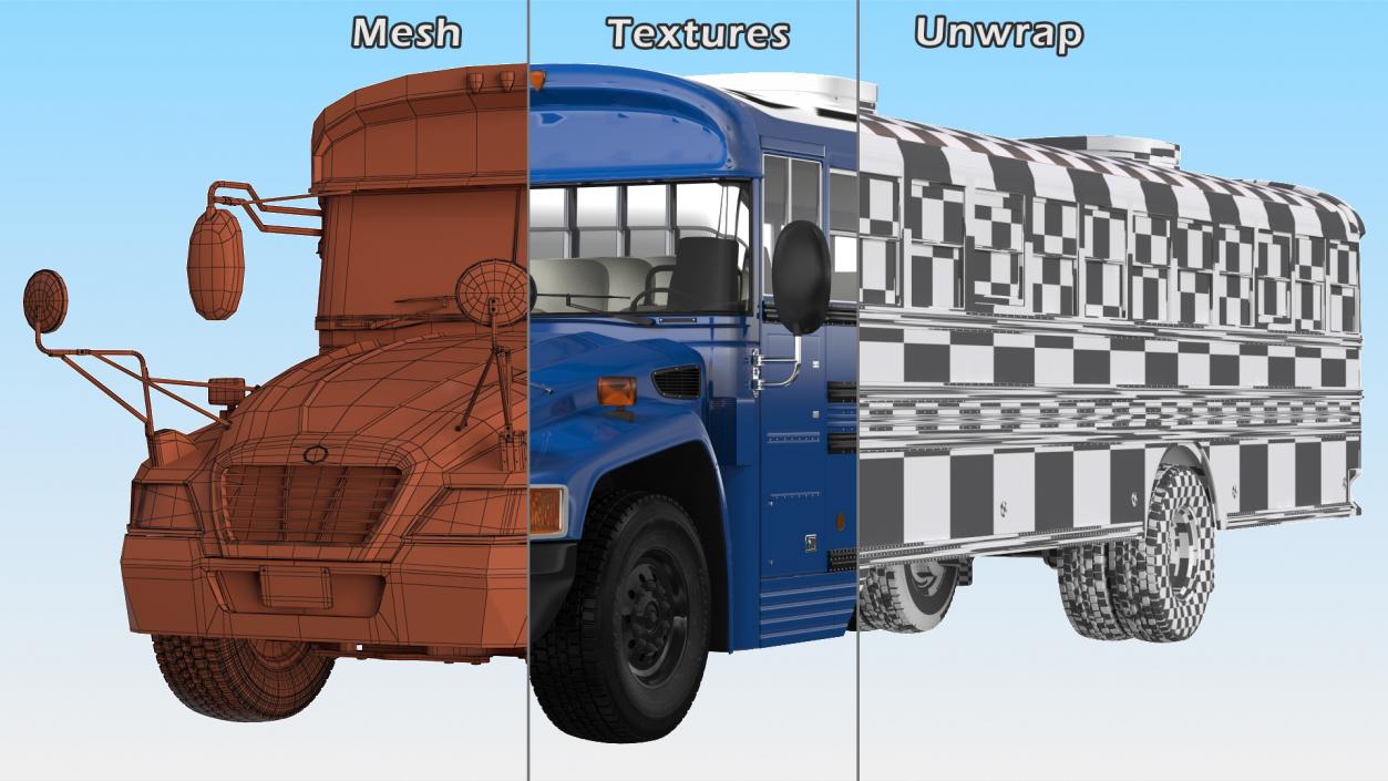 3D Blue Bird Commercial Bus Rigged