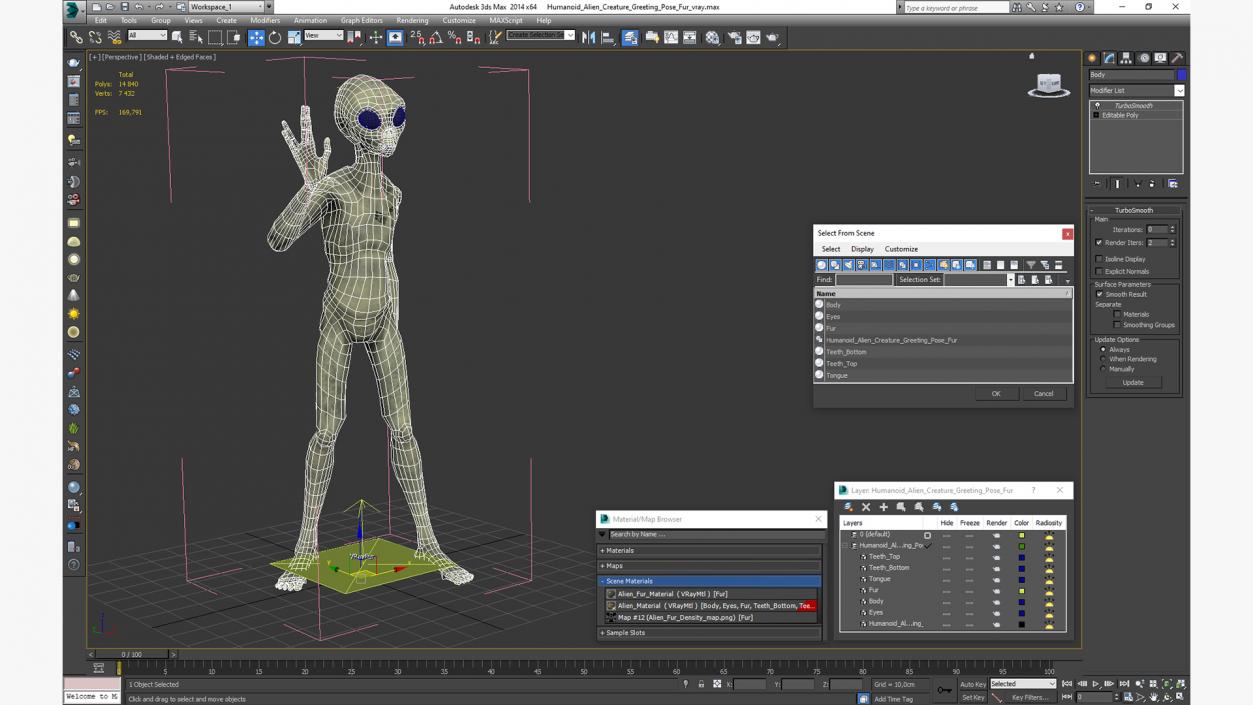 3D Humanoid Alien Creature Greeting Pose Fur