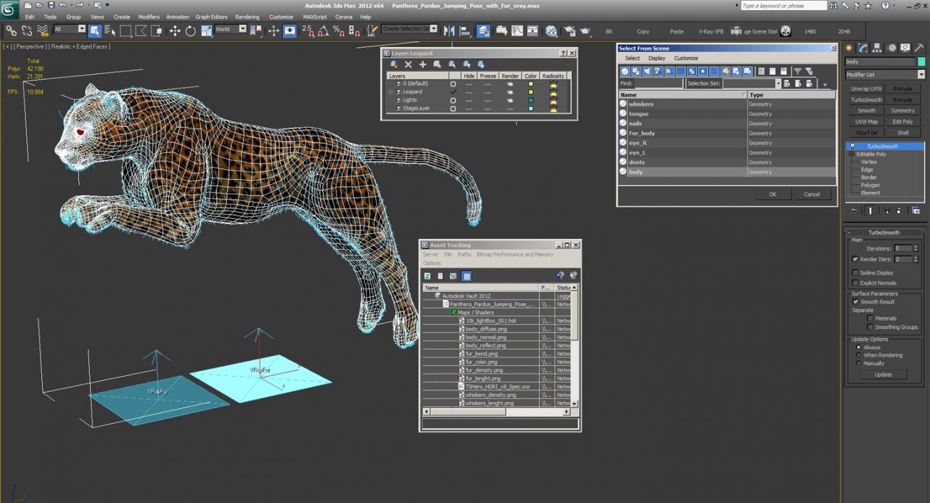 Panthera Pardus Jumping Pose with Fur 3D