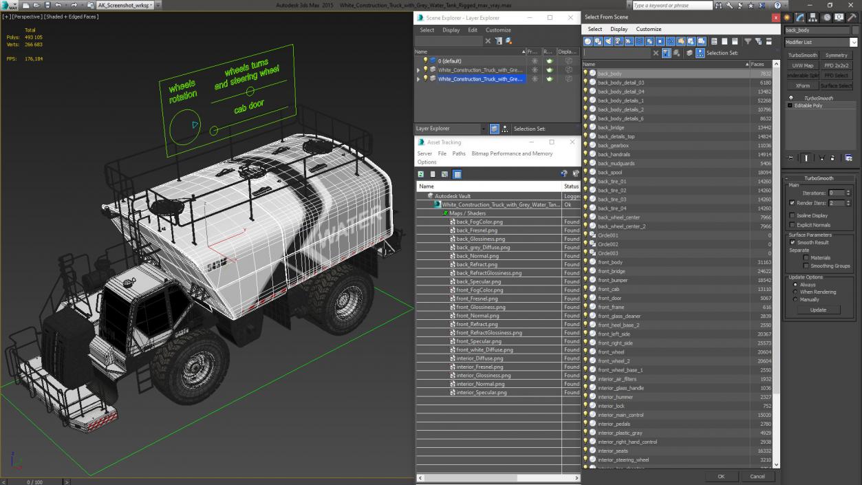 3D White Construction Truck with Grey Water Tank Rigged for Cinema 4D