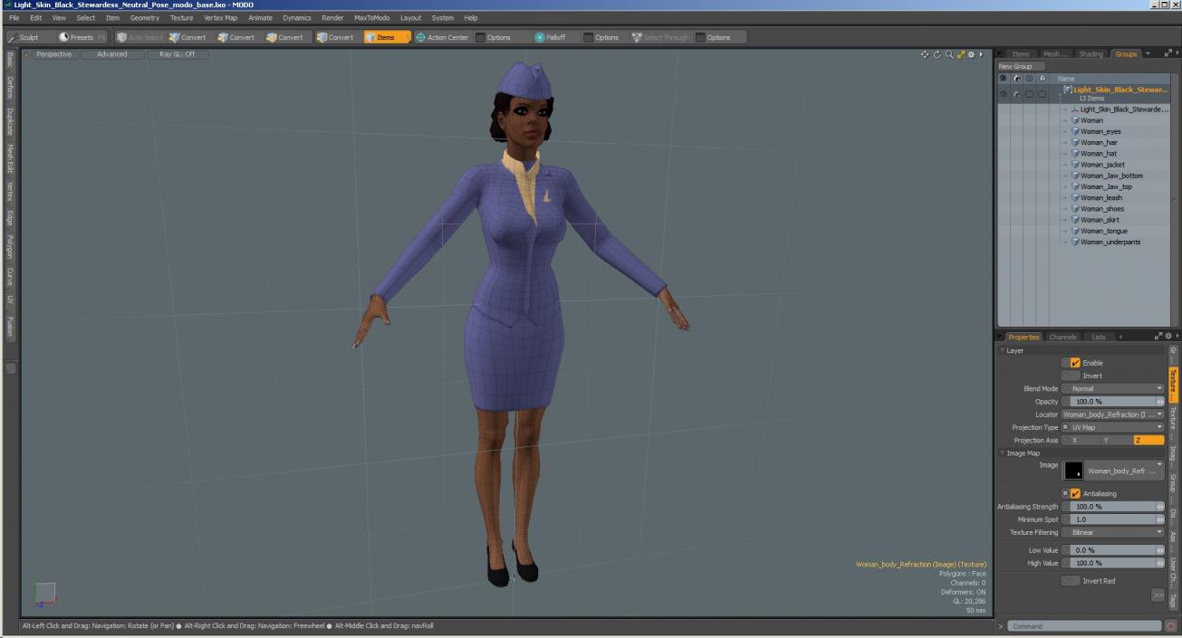 3D model Light Skin Black Stewardess Neutral Pose