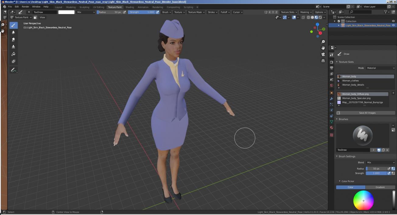 3D model Light Skin Black Stewardess Neutral Pose