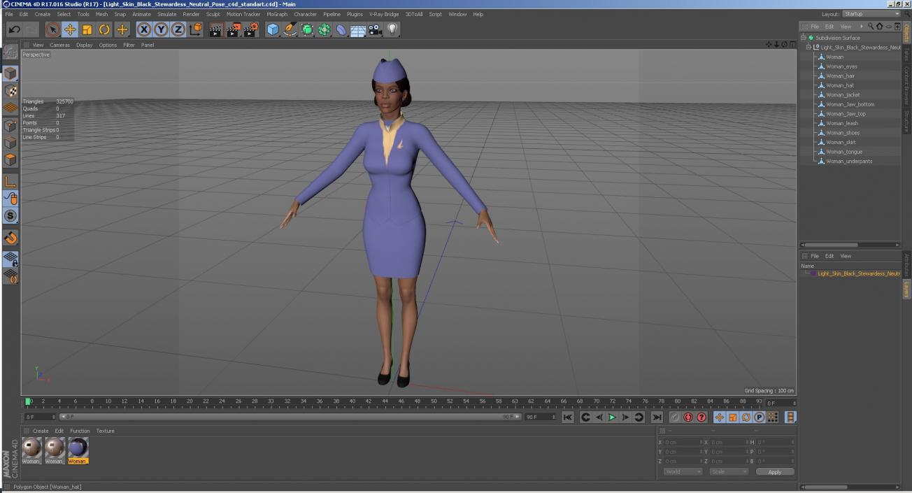 3D model Light Skin Black Stewardess Neutral Pose