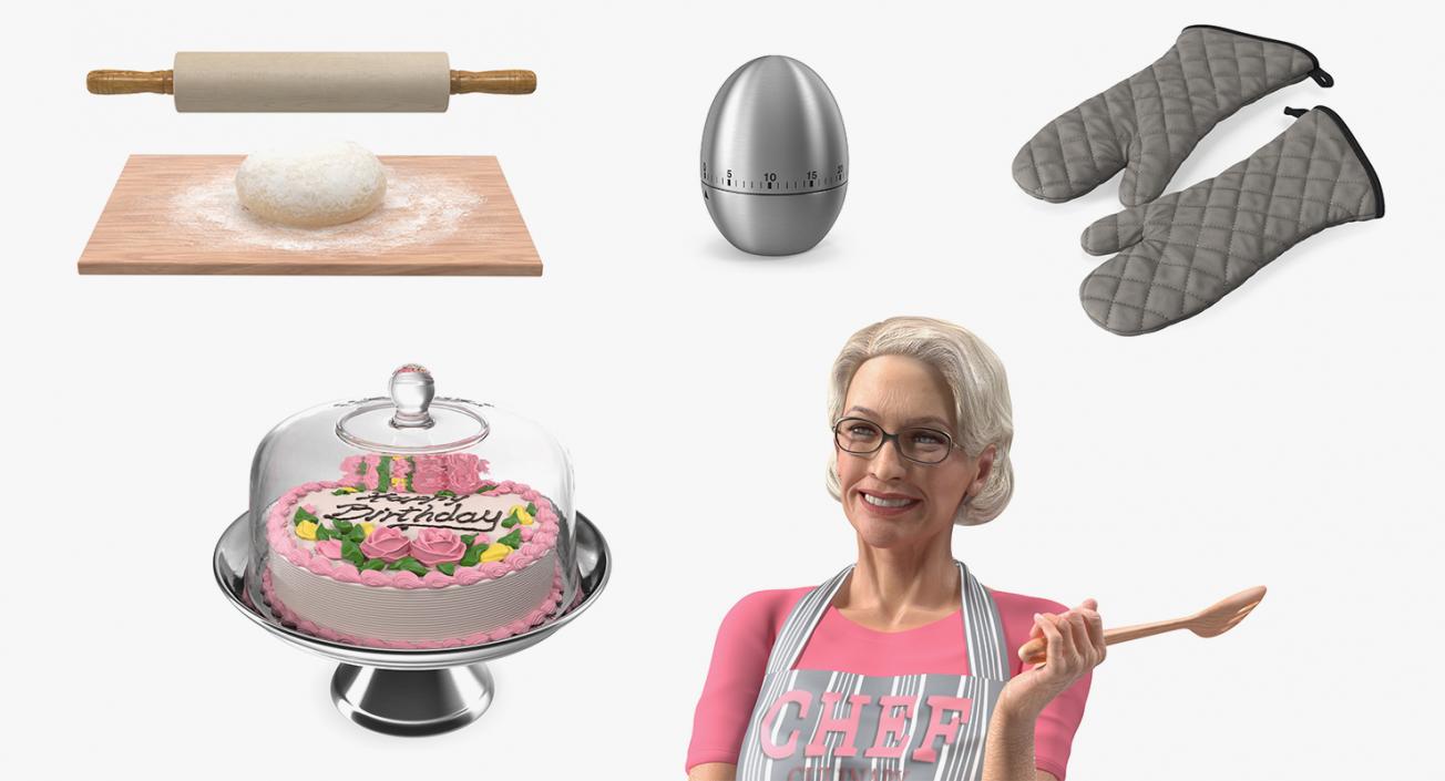 3D Elderly Woman with Cake Preparings  Collection