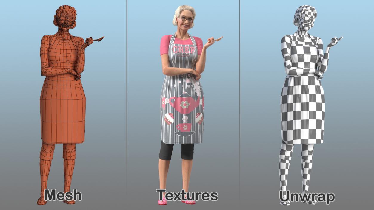 3D Elderly Woman with Cake Preparings  Collection