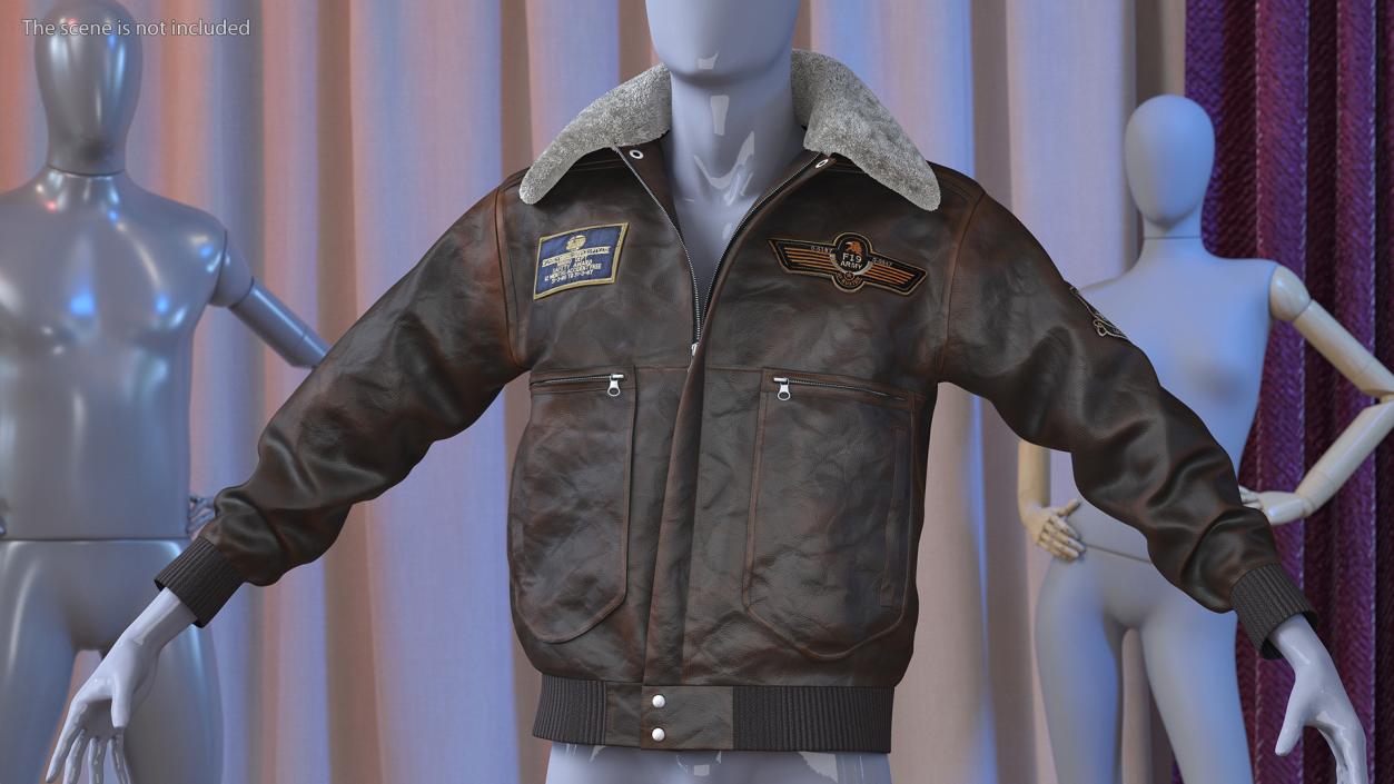 Brown Buckled Aviator Jacket Shabby Fur 3D model