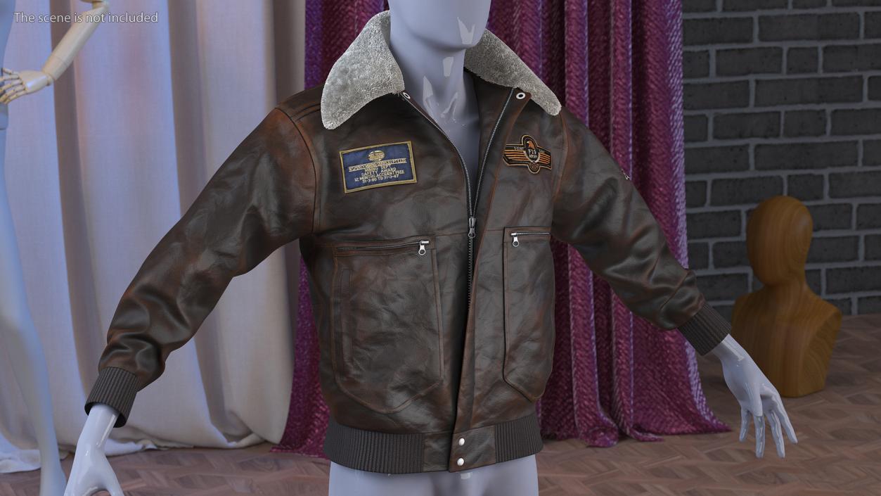 Brown Buckled Aviator Jacket Shabby Fur 3D model