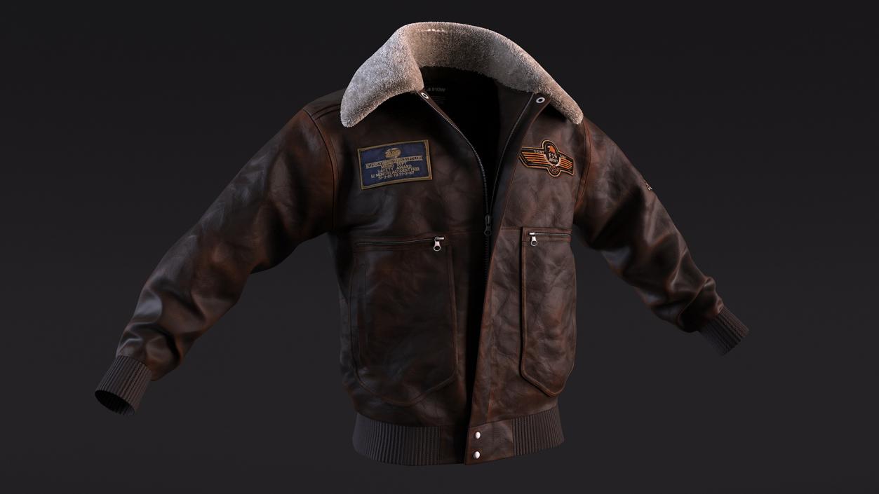 Brown Buckled Aviator Jacket Shabby Fur 3D model