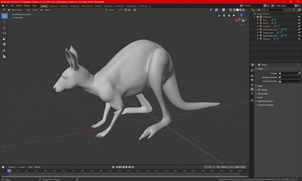 3D Kangaroo Stands on Four Paws model