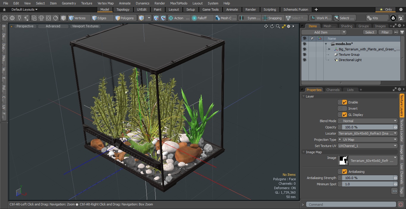 Big Terrarium with Plants and Green Lizard 3D