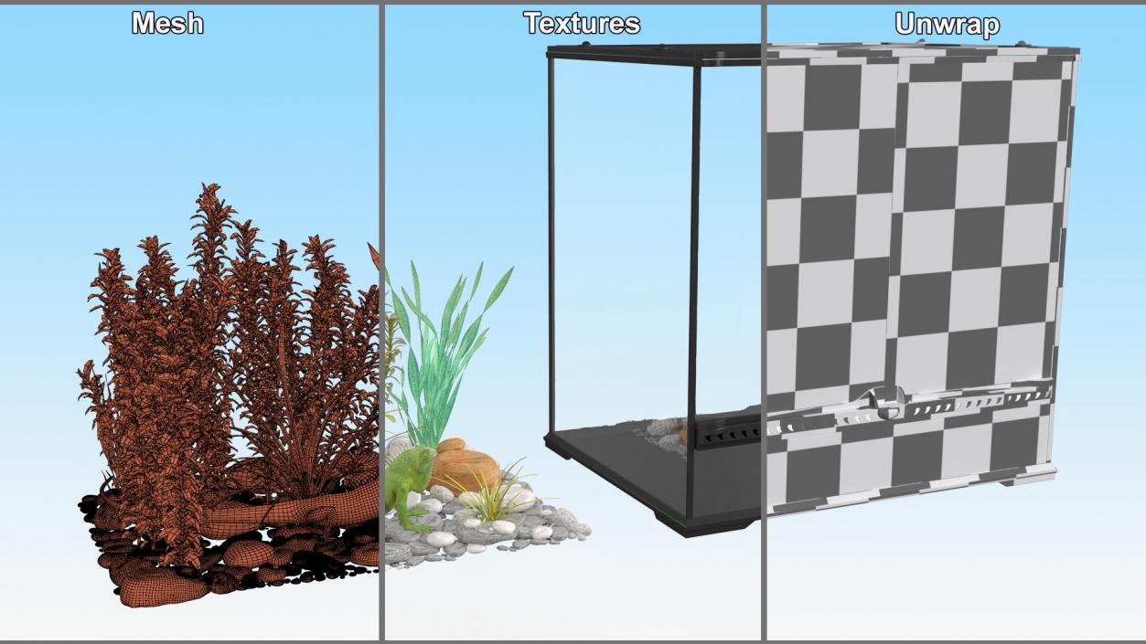 Big Terrarium with Plants and Green Lizard 3D