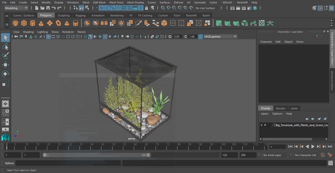 Big Terrarium with Plants and Green Lizard 3D