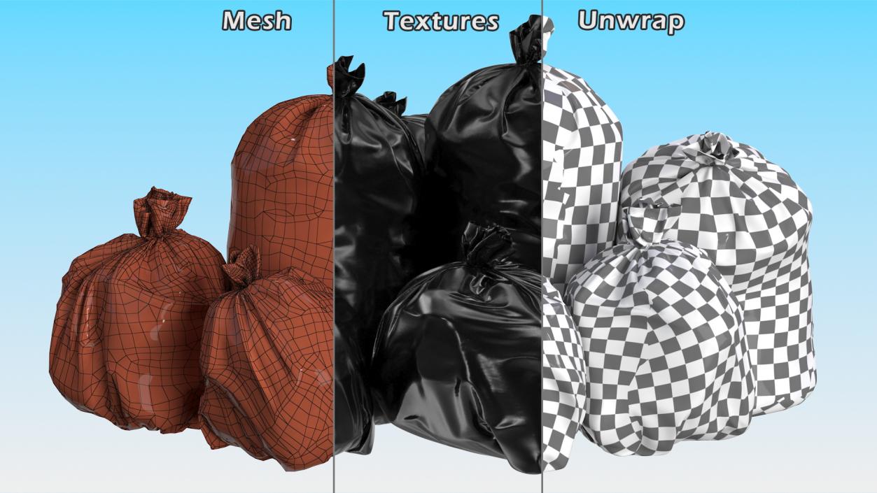 3D Tied Closed Black Plastic Rubbish Bags model