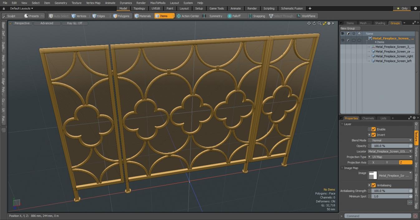 3D model Metal Fireplace Screen 3 Panel Gold