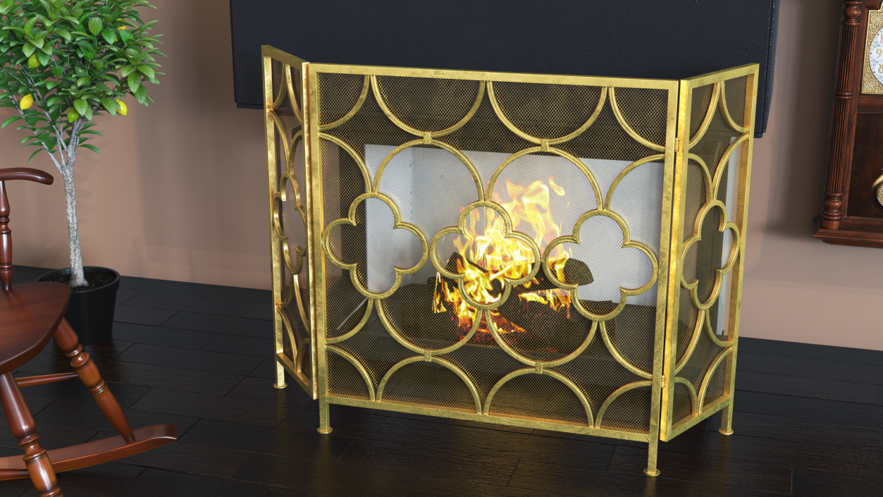 3D model Metal Fireplace Screen 3 Panel Gold