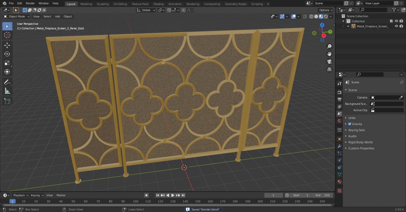 3D model Metal Fireplace Screen 3 Panel Gold