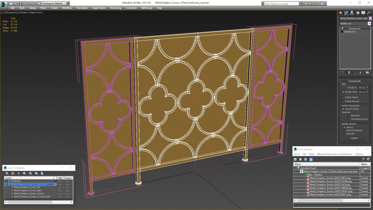 3D model Metal Fireplace Screen 3 Panel Gold