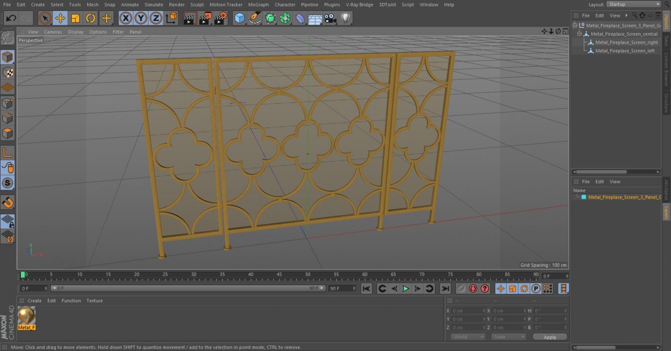 3D model Metal Fireplace Screen 3 Panel Gold