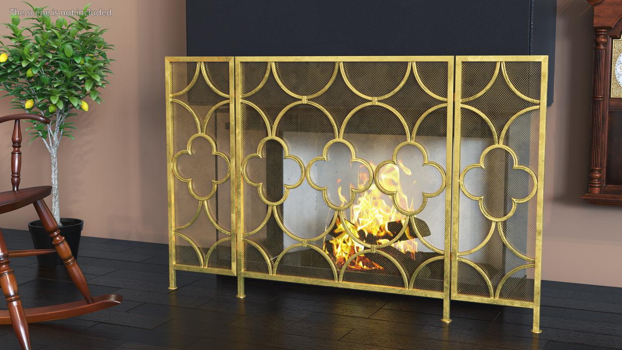 3D model Metal Fireplace Screen 3 Panel Gold